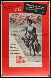 7t424 GIRL WITH A SUITCASE 1sh '60 sexiest Claudia Cardinale walking on beach in low-cut dress!