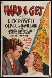 7t459 HARD TO GET Other Company 1sh '38 Dick Powell, Olivia de Havilland, different art!