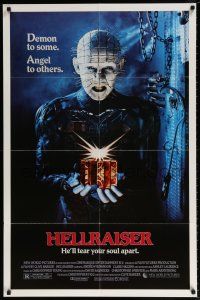 7t475 HELLRAISER 1sh '87 Clive Barker horror, great image of Pinhead, he'll tear your soul apart!