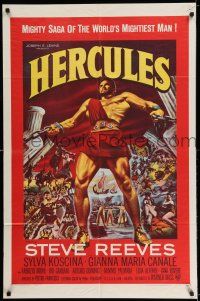 7t479 HERCULES 1sh '59 great artwork of the world's mightiest man Steve Reeves!