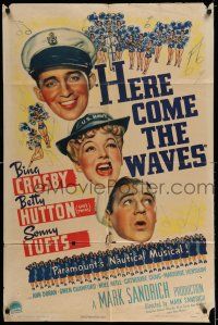 7t481 HERE COME THE WAVES 1sh '44 art of Navy sailor Bing Crosby & Betty Hutton singing!