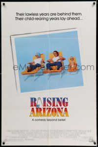7t727 RAISING ARIZONA 1sh '87 Coen Brothers, art of Nicolas Cage, Holly Hunter & baby!