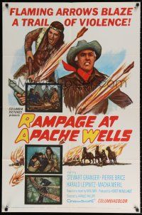 7t728 RAMPAGE AT APACHE WELLS 1sh '65 Stewart Granger, flaming arrows blaze a trail of violence!