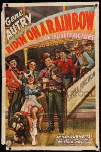7t761 RIDIN' ON A RAINBOW 1sh '41 art of Gene Autry with guitar, Smiley Burnette & Mary Lee!