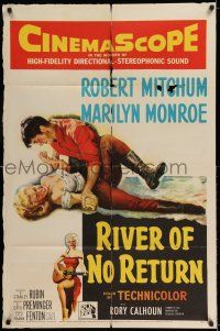 7t771 RIVER OF NO RETURN 1sh '54 great art of Robert Mitchum holding down Marilyn Monroe!