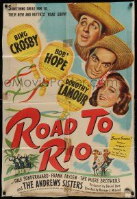 7t779 ROAD TO RIO 1sh '48 great art of Bing Crosby, Bob Hope, & Dorothy Lamour in Brazil!