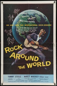 7t784 ROCK AROUND THE WORLD 1sh '57 early rock & roll, great artwork of Tommy Steele!