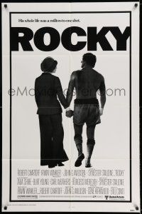 7t785 ROCKY 1sh '76 boxer Sylvester Stallone holding hands with Talia Shire, boxing classic!