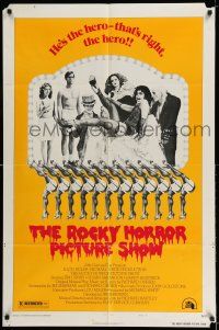 7t786 ROCKY HORROR PICTURE SHOW style B 1sh '75 Tim Curry is the hero, wacky cast portrait!