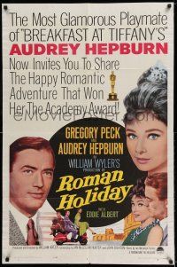 7t793 ROMAN HOLIDAY 1sh R62 beautiful Audrey Hepburn & Gregory Peck, Vespa, William Wyler!