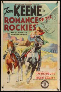 7t795 ROMANCE OF THE ROCKIES 1sh '37 cool stone litho of cowboy Tom Keene on horse rescuing girl!