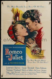 7t799 ROMEO & JULIET 1sh '55 close up of Laurence Harvey romancing Susan Shentall, Shakespeare!