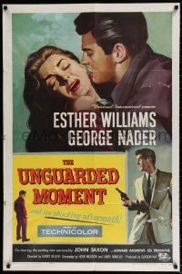 7t925 UNGUARDED MOMENT 1sh '56 close up art of teacher Esther Williams threatened by John Saxon!