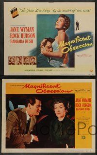 7w405 MAGNIFICENT OBSESSION 8 LCs '54 Jane Wyman holding hands with Rock Hudson on beach!