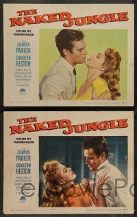 7w467 NAKED JUNGLE 8 LCs '54 Charlton Heston & Eleanor Parker in canoe with natives, George Pal