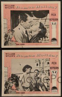 7w581 ROMAN HOLIDAY 8 LCs R60s Audrey Hepburn & Gregory Peck border art riding on Vespa!