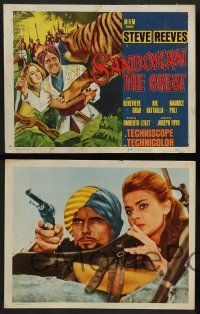 7w589 SANDOKAN THE GREAT 8 int'l LCs '65 Umberto Lenzi, great art of tiger leaping at Steve Reeves!