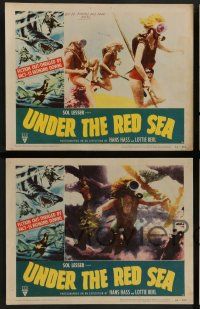 7w718 UNDER THE RED SEA 8 LCs '52 cool border art of scuba divers & sexy swimmer fighting shark!