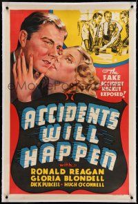 7x006 ACCIDENTS WILL HAPPEN linen Other Company 1sh '38 art of Ronald Reagan & Gloria Blondell!