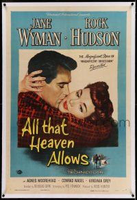7x010 ALL THAT HEAVEN ALLOWS linen 1sh '55 close up romantic art of Rock Hudson kissing Jane Wyman!