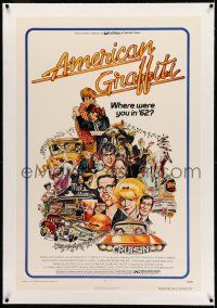 7x013 AMERICAN GRAFFITI linen 1sh '73 George Lucas teen classic, wacky Mort Drucker artwork of cast!