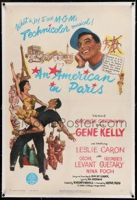7x014 AMERICAN IN PARIS linen 1sh '51 wonderful art of Gene Kelly dancing with sexy Leslie Caron!