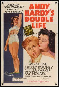 7x016 ANDY HARDY'S DOUBLE LIFE linen style C 1sh '42 Mickey Rooney, sexiest art of Esther Williams!