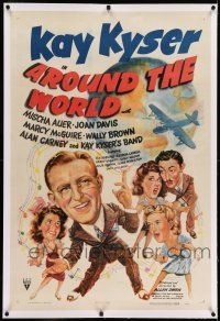 7x018 AROUND THE WORLD linen 1sh '43 cool cartoon art of Kay Kyser & top stars with plane & globe!