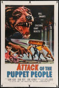 7x024 ATTACK OF THE PUPPET PEOPLE linen 1sh '58 tiny men w/ knife attacking dog, Reynold Brown art!