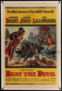 7x030 BEAT THE DEVIL linen 1sh '53 art of Humphrey Bogart w/sexy Gina Lollobrigida & Jennifer Jones!