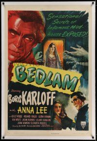 7x033 BEDLAM linen 1sh '46 art of madman Boris Karloff, infamous madhouse, produced by Val Lewton!