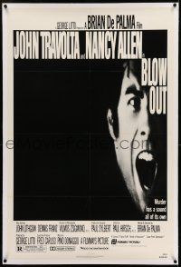 7x046 BLOW OUT linen 1sh '81 John Travolta, Brian De Palma, murder has a sound all of its own!