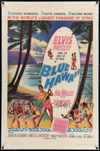 7x047 BLUE HAWAII linen 1sh '61 Elvis Presley plays a ukulele for sexy ladies on the beach!