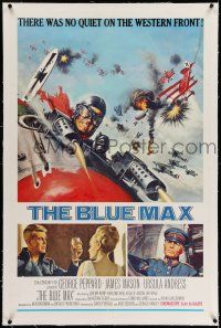 7x048 BLUE MAX linen 1sh '66 Frank McCarthy art of WWI fighter pilot George Peppard in airplane!