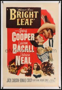 7x054 BRIGHT LEAF linen 1sh '50 romantic c/u of Gary Cooper & sexy Lauren Bacall + Patricia Neal!