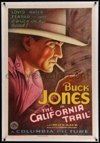 7x065 CALIFORNIA TRAIL linen 1sh '33 incredible stone litho of cowboy Buck Jones with cigarette!