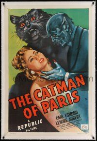 7x075 CATMAN OF PARIS linen 1sh '46 really cool horror art of feline monster attacking sexy girl!