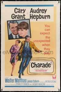 7x078 CHARADE linen 1sh '63 art of tough Cary Grant & sexy Audrey Hepburn, expect the unexpected!