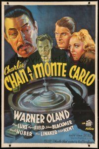 7x079 CHARLIE CHAN AT MONTE CARLO linen 1sh '37 stone litho of Warner Oland over roulette wheel!