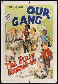 7x132 FIRST ROUNDUP linen 1sh '34 stone litho of Stymie, Spanky, Buckwheat & other Our Gang kids!