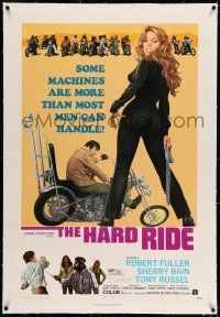 7x165 HARD RIDE linen 1sh '71 AIP, sexy biker & her motorcycle are more than most men can handle!