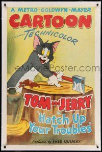 7x168 HATCH UP YOUR TROUBLES linen 1sh '49 cartoon art of Tom holding Jerry on the chopping block!
