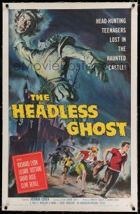 7x169 HEADLESS GHOST linen 1sh '59 head-hunting teens lost in the haunted castle, Reynold Brown art!