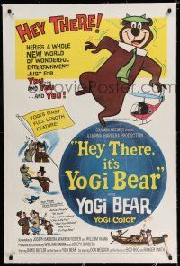 7x173 HEY THERE IT'S YOGI BEAR linen 1sh '64 Hanna-Barbera, Yogi's first full-length feature!