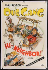 7x174 HI NEIGHBOR linen 1sh '34 fantastic stone litho of Our Gang kids in homemade fire engine!