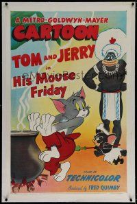 7x176 HIS MOUSE FRIDAY linen 1sh '51 cartoon art of native Jerry forcing Tom into boiling cauldron!