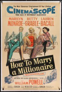 7x182 HOW TO MARRY A MILLIONAIRE linen 1sh '53 sexy Marilyn Monroe, Betty Grable & Lauren Bacall!