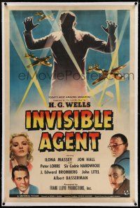 7x192 INVISIBLE AGENT linen 1sh '42 fx image of invisible man with WWII airplanes, Peter Lorre