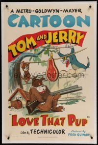 7x233 LOVE THAT PUP linen 1sh '49 cartoon art of crazed Tom watching Jerry by sleeping Spike & son!