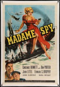 7x239 MADAME SPY linen 1sh '42 art of Constance Bennett in dress with gun on Nazi submarine!